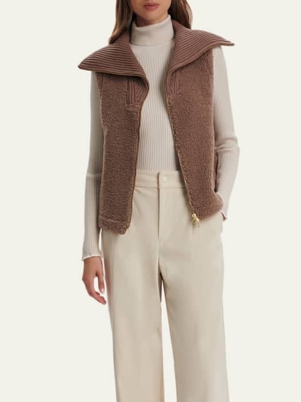Varley Aspen Bouclé Sherpa Zip-Up Ribbed Collar Vest Gilet, Ash Taupe, Size M - Picture 5 of 10